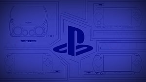 PlayStation Portable Blueprint Schematic with Central Logo and Device Models HD wallpaper