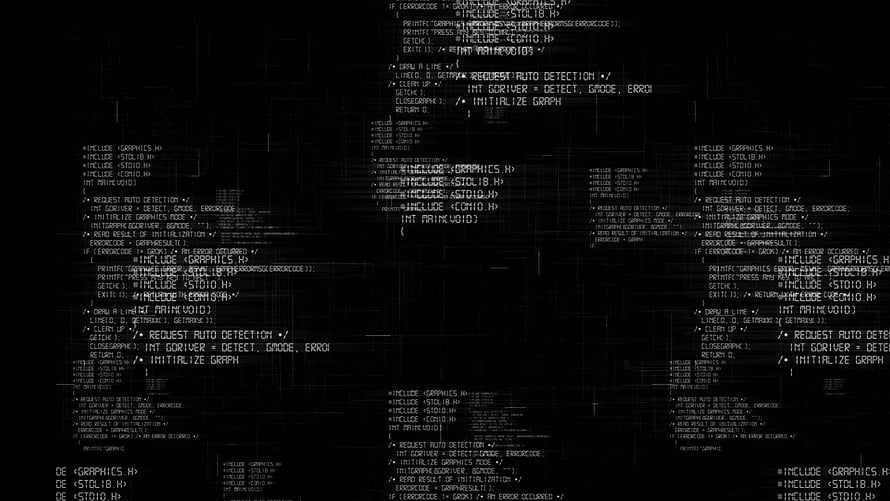 Abstract computer programming code background with C++ syntax and graphics library headers on black screen HD wallpaper