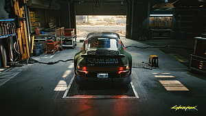 Cyberpunk 2077 Samurai Porsche 911 in a dimly lit garage workshop HD wallpaper