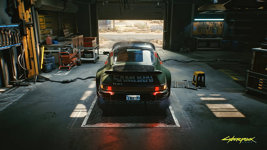 Cyberpunk 2077 Samurai Porsche 911 in a dimly lit garage workshop HD wallpaper