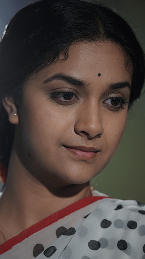 Portrait of a Woman in a Polka Dot Saree with Red Border, Keerthi Suresh, tamil actress, beautiful HD phone wallpaper
