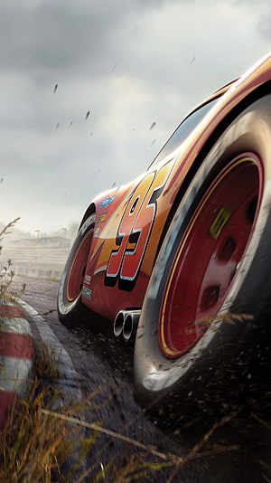 Lightning McQueen Racing on Wet Track with Number 95 Decals HD phone wallpaper