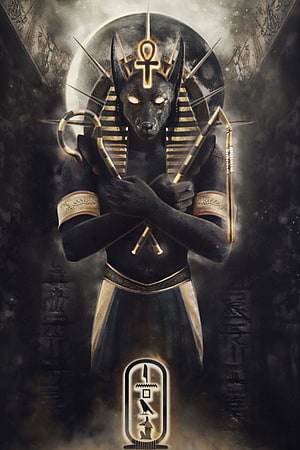 Anubis Egyptian God Digital Art with Ankh and Hieroglyphs in Dark Temple Setting HD phone wallpaper