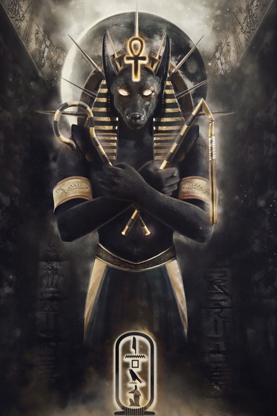 Anubis Egyptian God Digital Art with Ankh and Hieroglyphs in Dark Temple Setting HD phone wallpaper