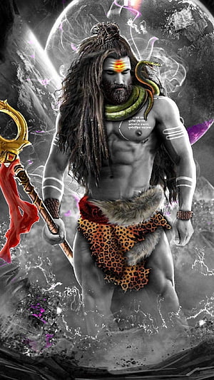 Lord Shiva Digital Art with Trishul, Snake, and Cosmic Background HD phone wallpaper
