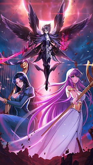 Saint Seiya Hades with Dark Wings and Two Female Characters in Fantasy Anime Art HD phone wallpaper