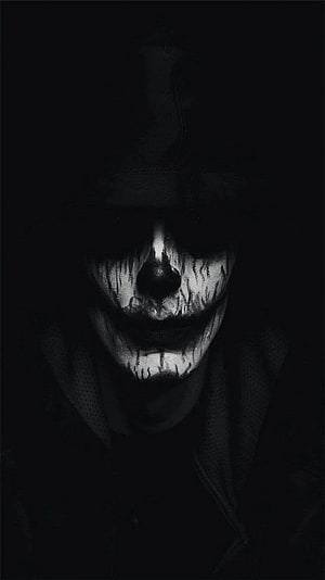 Dark Hooded Figure With Dripping White Face Paint In Black And White Horror Style HD phone wallpaper