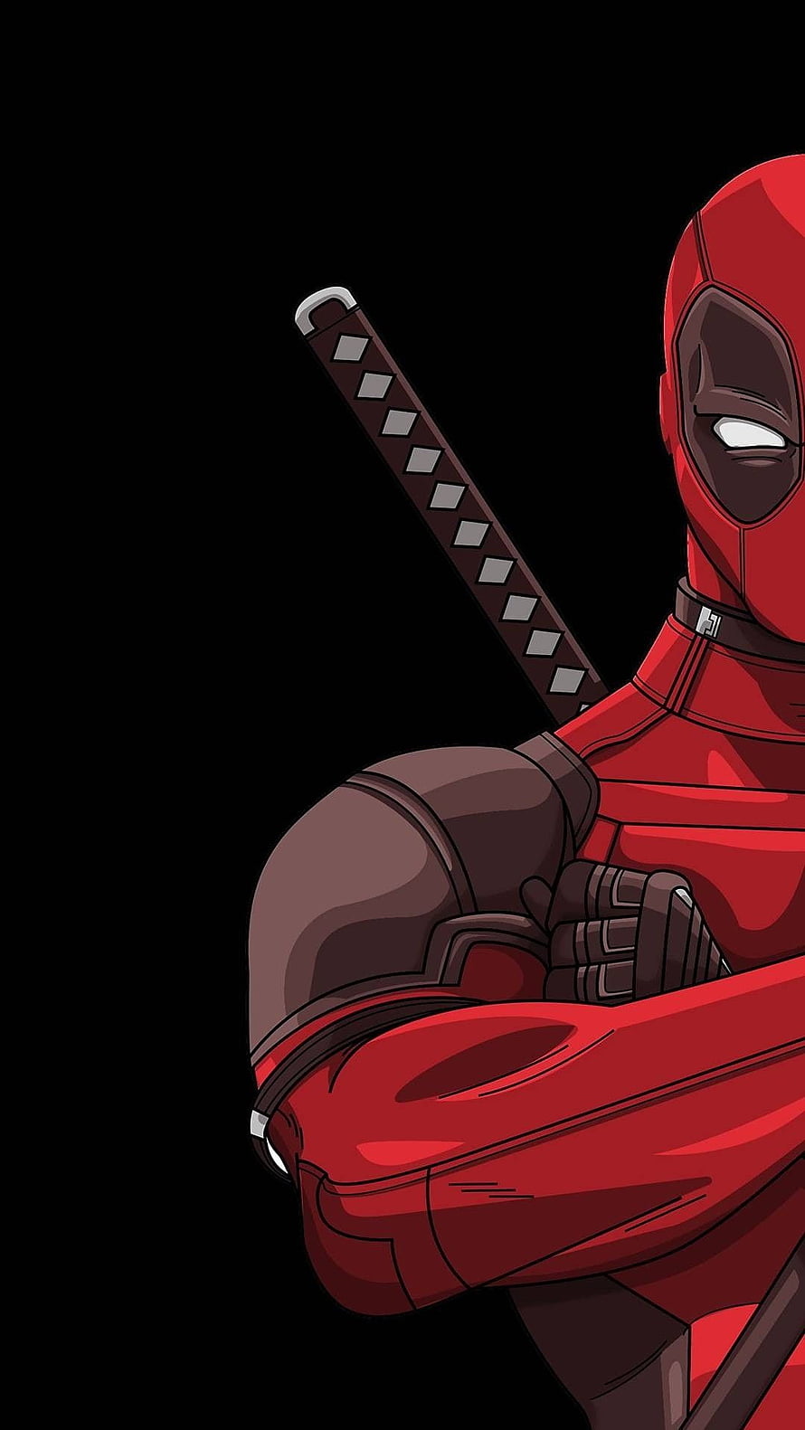 Deadpool in Red Suit Holding Katana on Black Background HD phone wallpaper