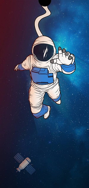 Cartoon Astronaut Floating in Deep Space with Satellite and Starry Background HD phone wallpaper