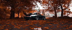 Teal Porsche 911 Widebody with RWB Style in Autumn Forest HD wallpaper