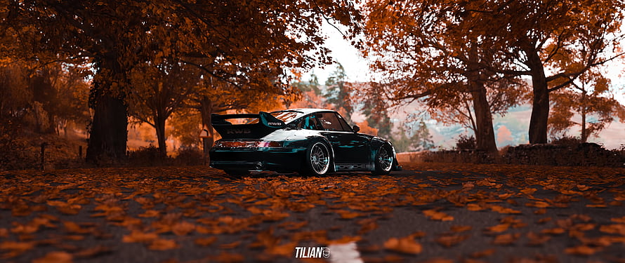 Teal Porsche 911 Widebody with RWB Style in Autumn Forest HD wallpaper