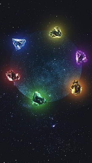 Six Glowing Infinity Stones Orbiting a Cosmic Nebula in Deep Space HD phone wallpaper