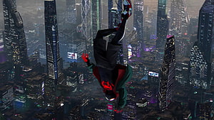 Miles Morales Spider-Man diving through futuristic city skyline at night, Spider Man Into The Spider Verse Live Live , Spiderman Upside Down HD wallpaper