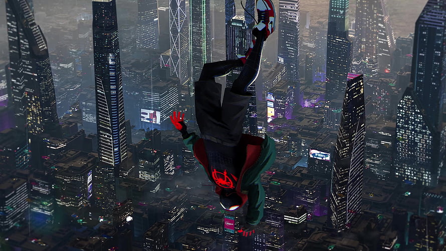 Miles Morales Spider-Man diving through futuristic city skyline at night, Spider Man Into The Spider Verse Live Live , Spiderman Upside Down HD wallpaper