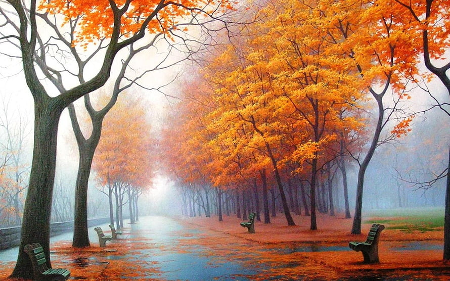 Misty Autumn Park Path Lined With Golden Trees And Benches HD wallpaper