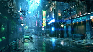 Cyberpunk City Street Artwork With Neon Signs And Rainy Atmosphere HD wallpaper
