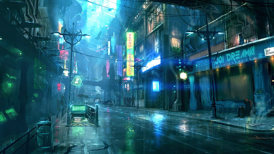 Cyberpunk City Street Artwork With Neon Signs And Rainy Atmosphere HD wallpaper