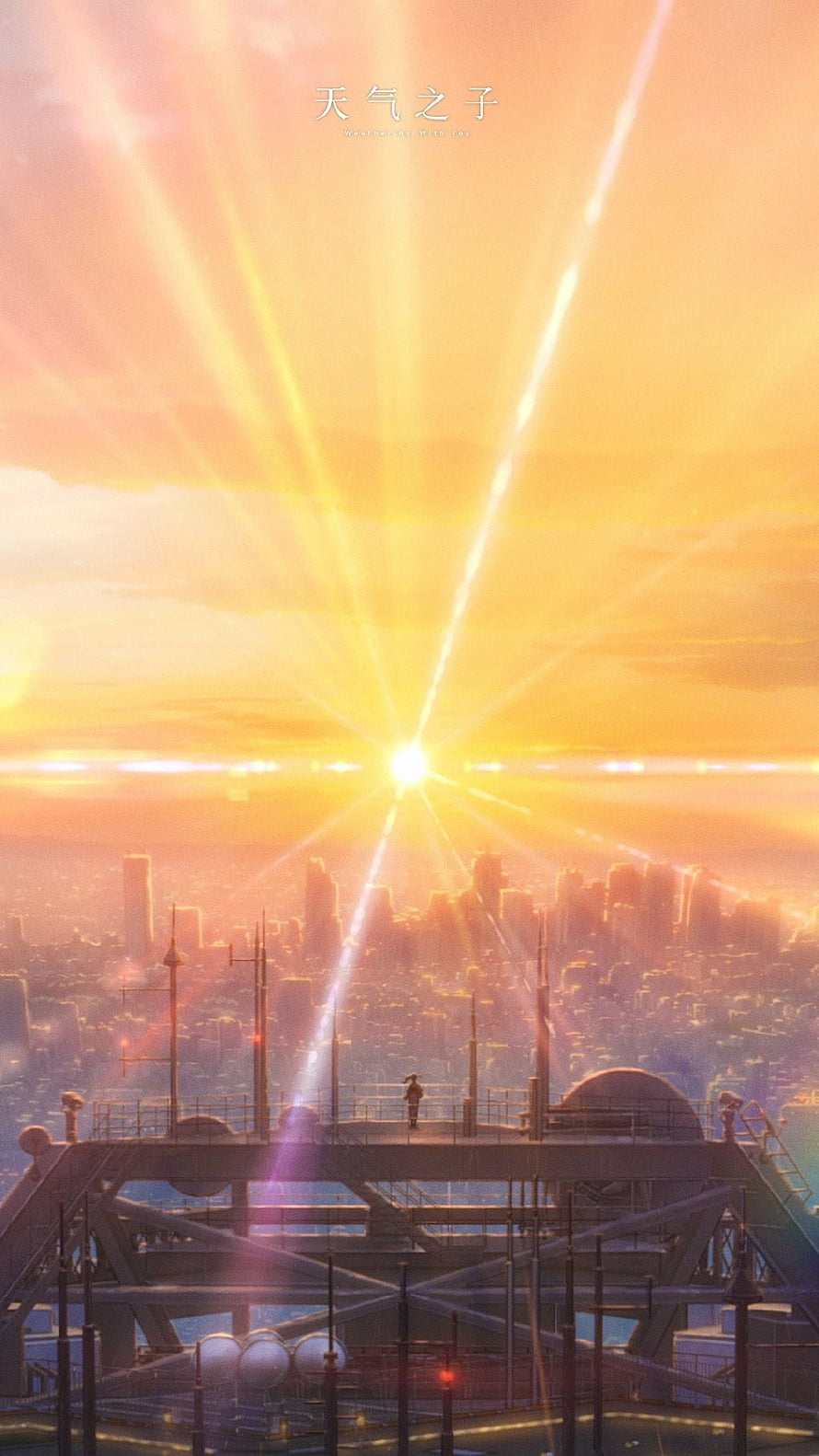 Weathering With You Anime Cityscape at Golden Hour with Radiant Sunburst and Rooftop Figure HD phone wallpaper