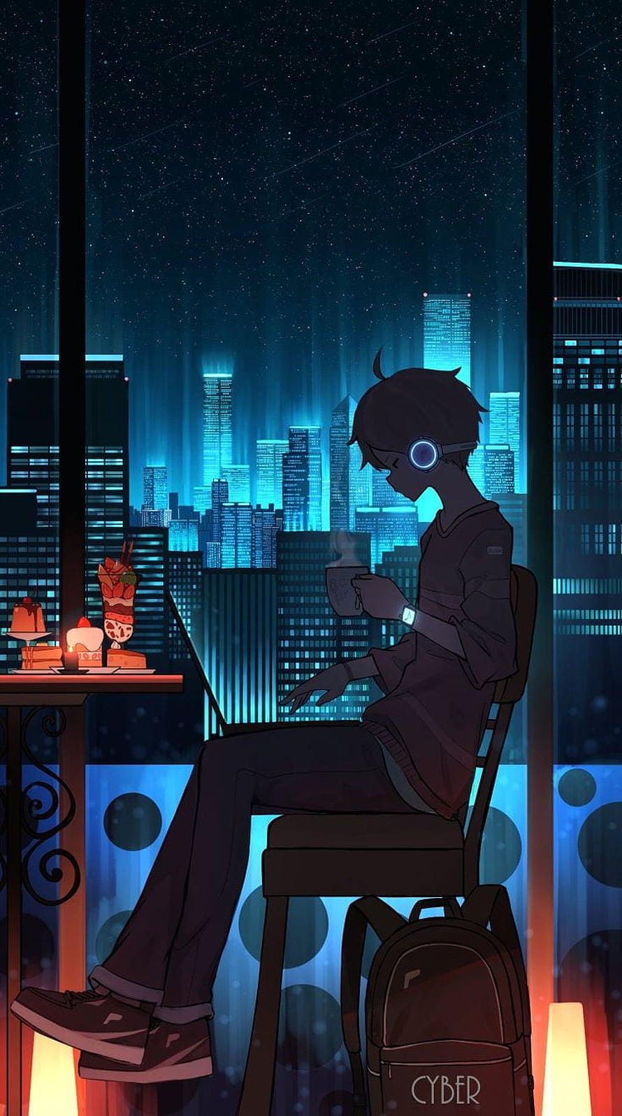 Anime Boy With Headphones Sitting In Cyberpunk City Cafe At Night HD phone wallpaper