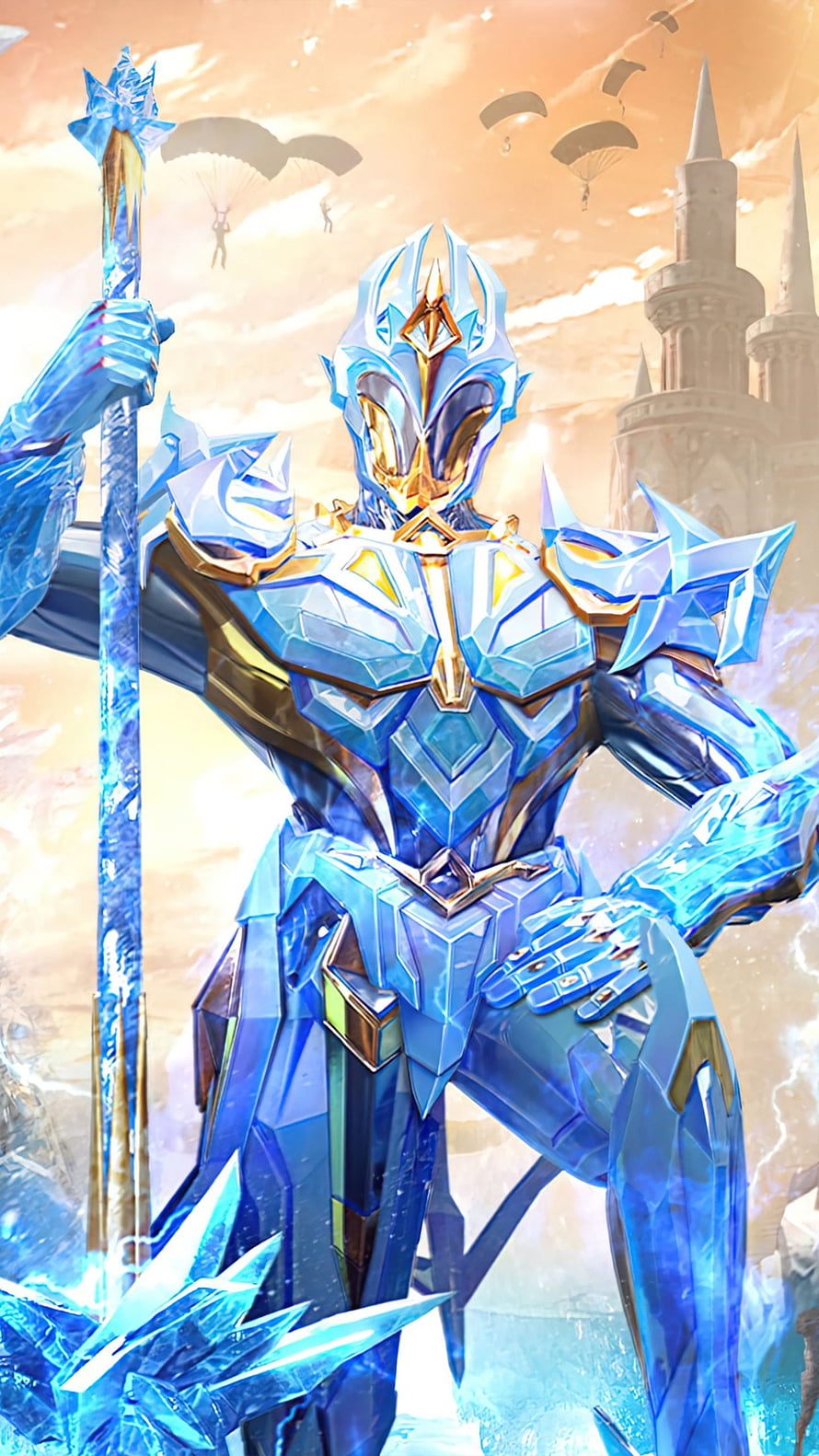 Avalanche X Suit Character in Blue Crystal Armor Holding Staff in PUBG Mobile HD phone wallpaper