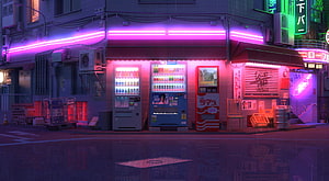 Neon-lit Japanese street corner with vending machines at night, cyberpunk cityscape HD wallpaper