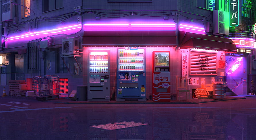 Neon-lit Japanese street corner with vending machines at night, cyberpunk cityscape HD wallpaper