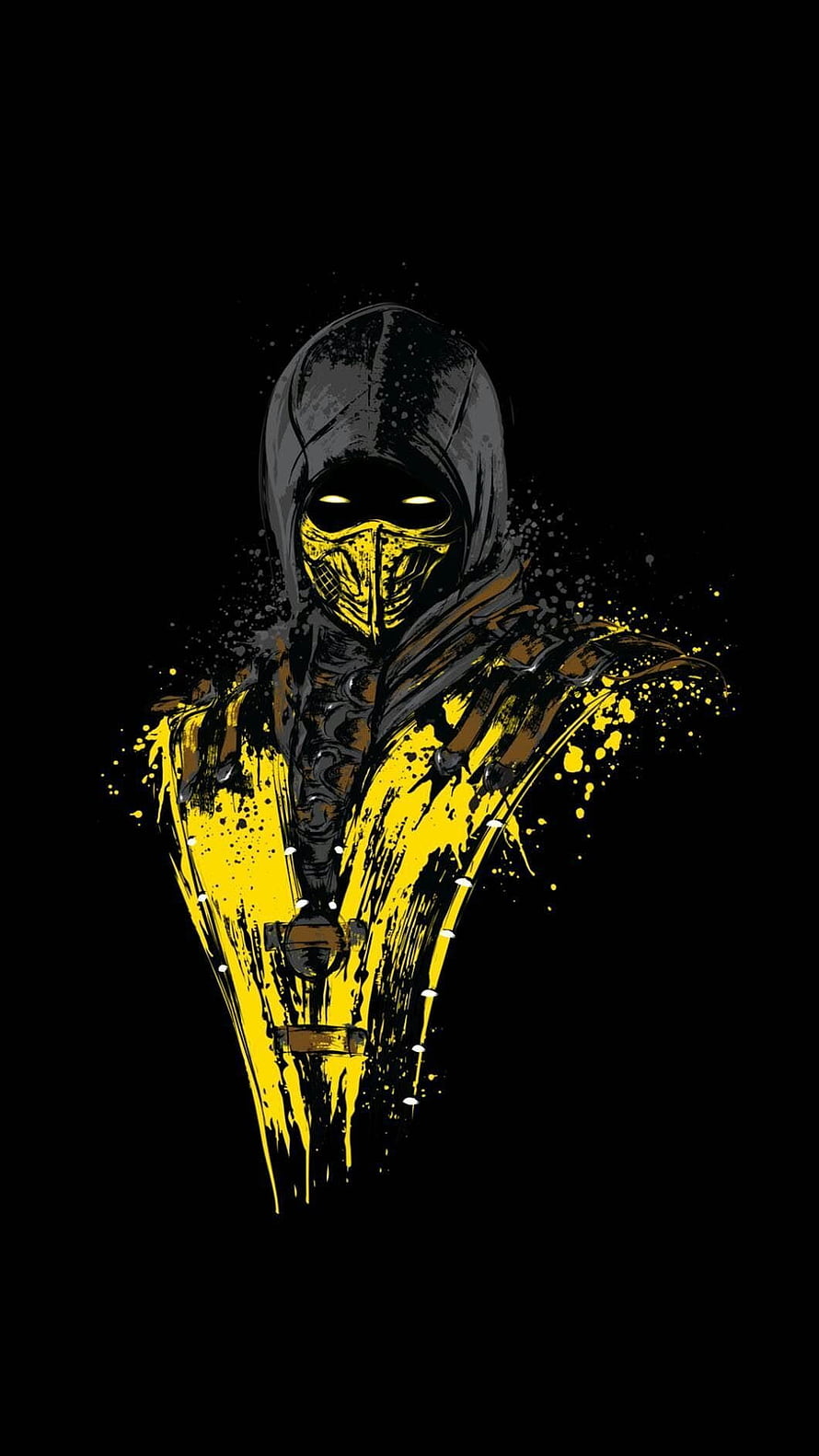 Scorpion from Mortal Kombat in a stylized yellow and black ink splatter illustration with glowing eyes HD phone wallpaper