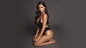 Demi Rose Mawby in Black One-Piece Swimsuit Kneeling on Dark Studio Background HD wallpaper