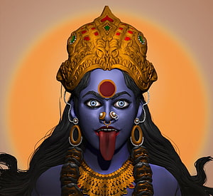 Digital Art Portrait of Hindu Deity Kali with Blue Skin, Golden Crown, and Skull Necklace HD wallpaper