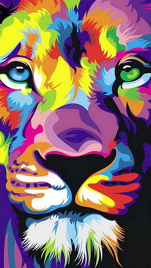 Vibrant Pop Art Lion Face With Multicolor Fur And Expressive Eyes HD phone wallpaper