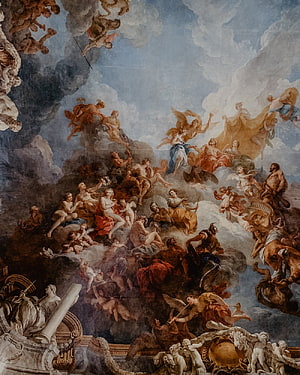 Baroque Ceiling Fresco Depicting Mythological Figures and Angels in Dramatic Clouds HD phone wallpaper