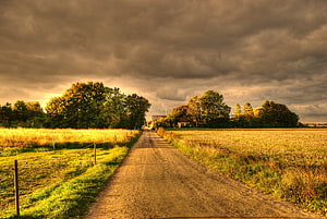 Golden Sunlight on a Rural Dirt Road Through Harvested Fields Under Dramatic Clouds HD wallpaper