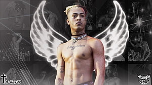 XXXTentacion Memorial Portrait With Glowing Angel Wings And Black And White Collage Background HD wallpaper