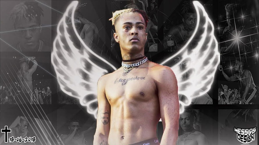 XXXTentacion Memorial Portrait With Glowing Angel Wings And Black And White Collage Background HD wallpaper