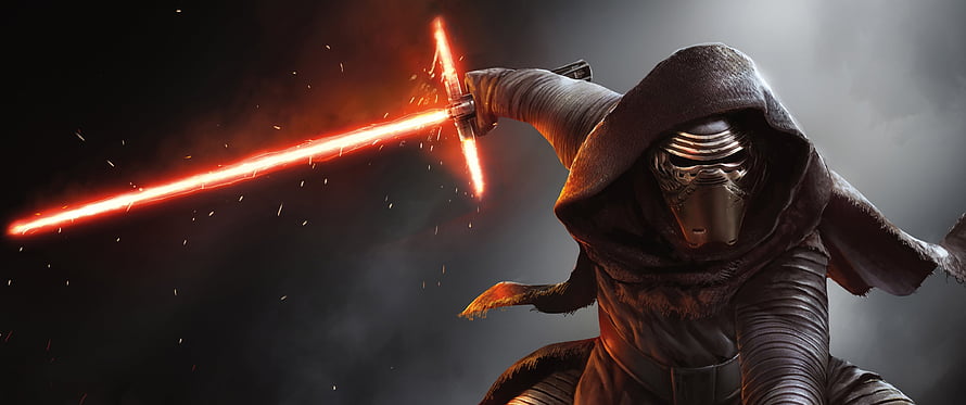 Kylo Ren Wielding Crossguard Lightsaber in Dark Cinematic Scene HD wallpaper