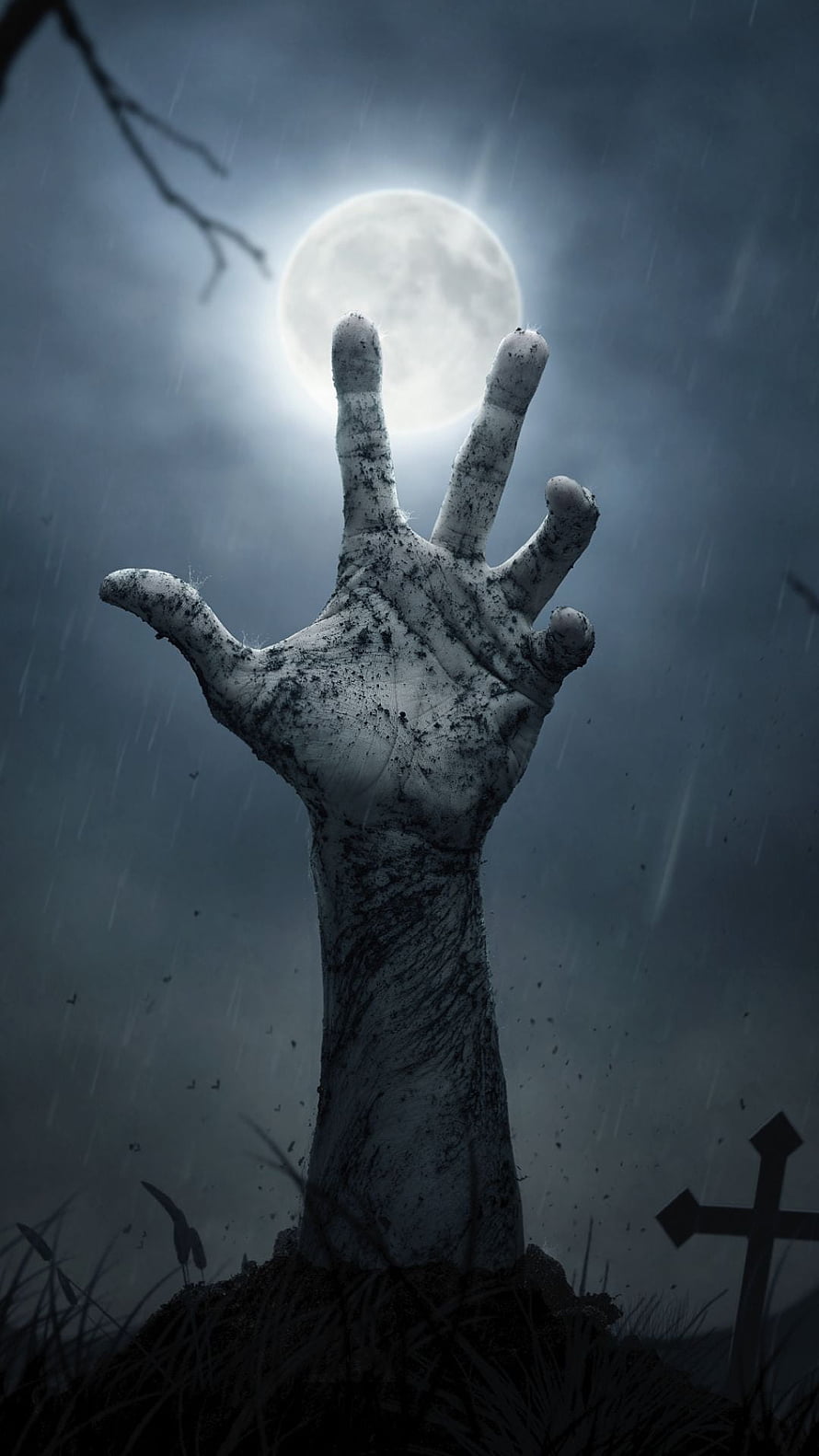 Skeletal Hand Reaching from Grave Under Full Moon in Rainy Night Horror Scene HD phone wallpaper