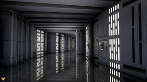 Death Star Interior Corridor with Reflective Floor and Glowing Panel Lights HD wallpaper