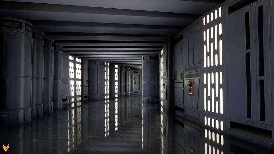 Death Star Interior Corridor with Reflective Floor and Glowing Panel Lights HD wallpaper