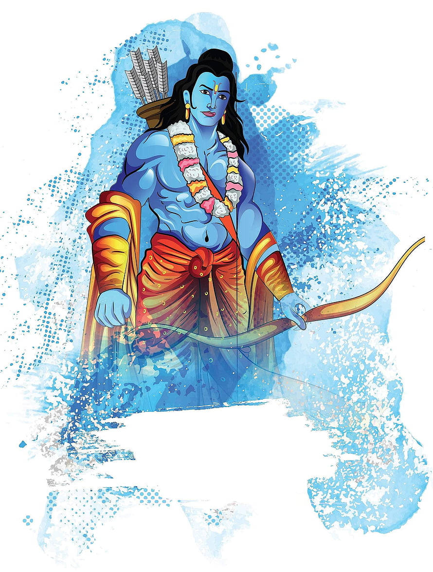 Blue-skinned Hindu deity Rama holding bow and arrows with floral garland HD phone wallpaper