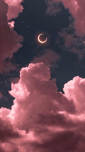 Dreamy Pink Clouds and Crescent Moon in Starry Night Sky HD phone wallpaper