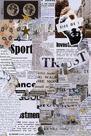 Vintage newspaper collage art featuring classical busts, celestial moons, and mixed typography HD phone wallpaper