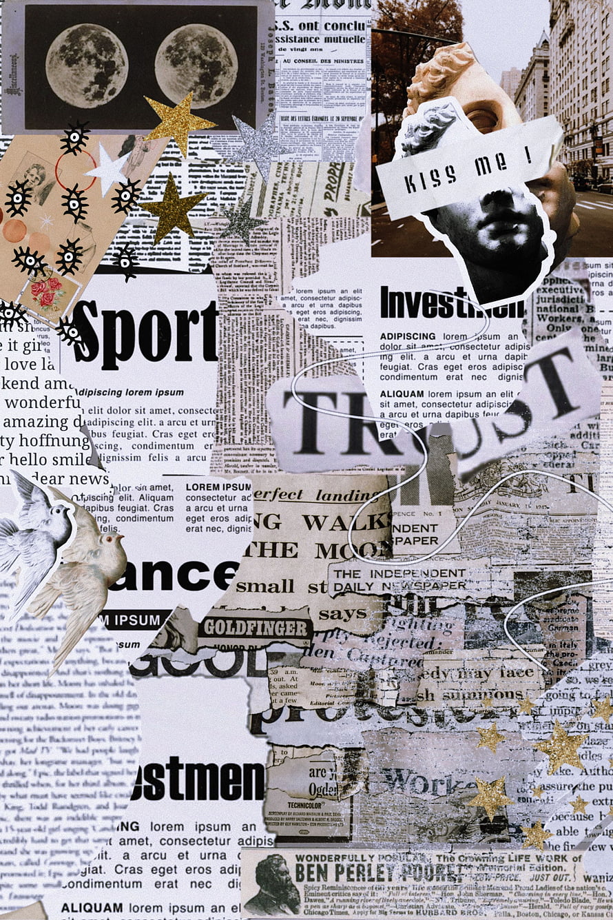 Vintage newspaper collage art featuring classical busts, celestial moons, and mixed typography HD phone wallpaper