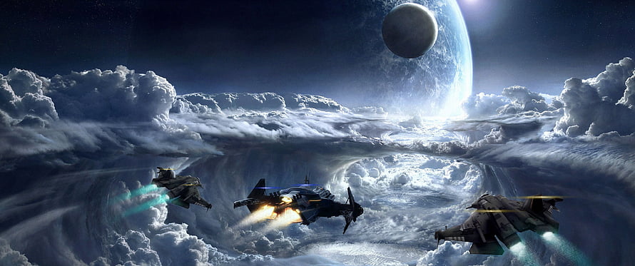 Star Wars Starfighter Squadron Flying Through Clouds Near a Distant Planet HD wallpaper