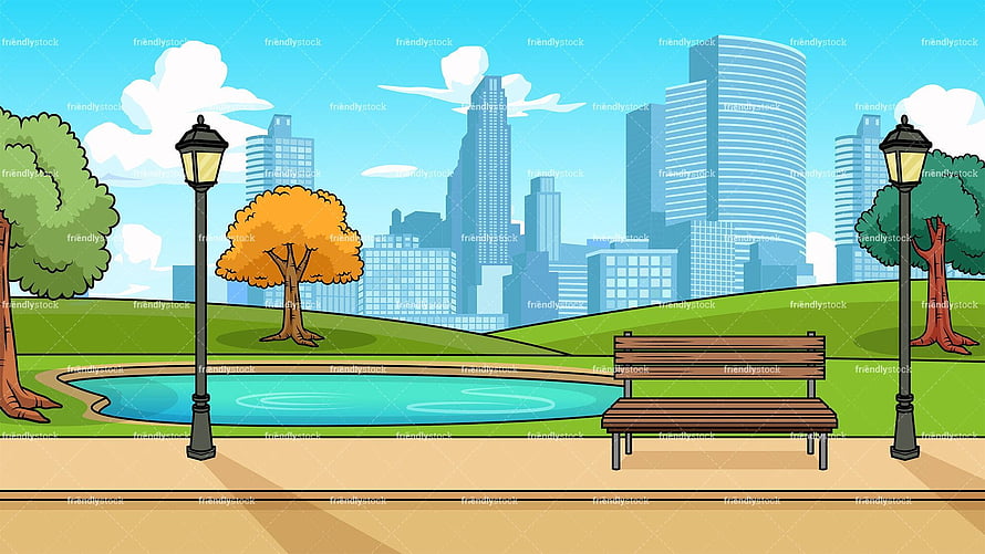 Cartoon City Park Scene With Pond, Bench, and Autumn Trees Against Urban Skyline HD wallpaper