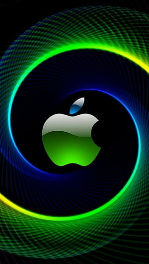 Apple Logo with Neon Green and Blue Swirling Grid Lines on Black Background HD phone wallpaper