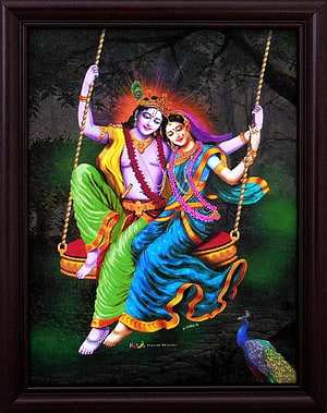 Radha and Krishna on a Swing in Vibrant Traditional Indian Art Style HD phone wallpaper