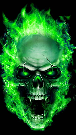 Eerie Green Fire Skull With Glowing Eyes And Sharp Fangs On Black Background HD phone wallpaper
