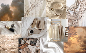 Beige Aesthetic Mood Board Featuring Silk, Coffee, Vintage Books, and Golden Clouds HD wallpaper
