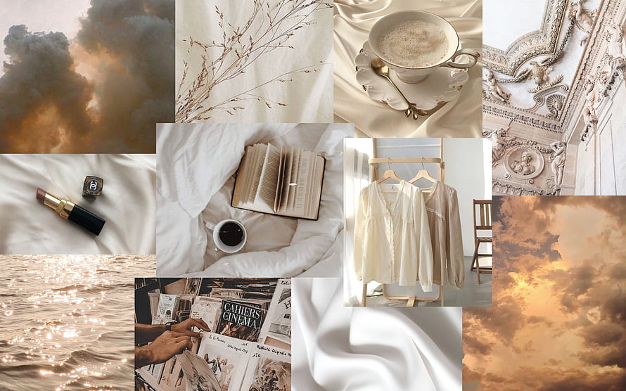 Beige Aesthetic Mood Board Featuring Silk, Coffee, Vintage Books, and Golden Clouds HD wallpaper