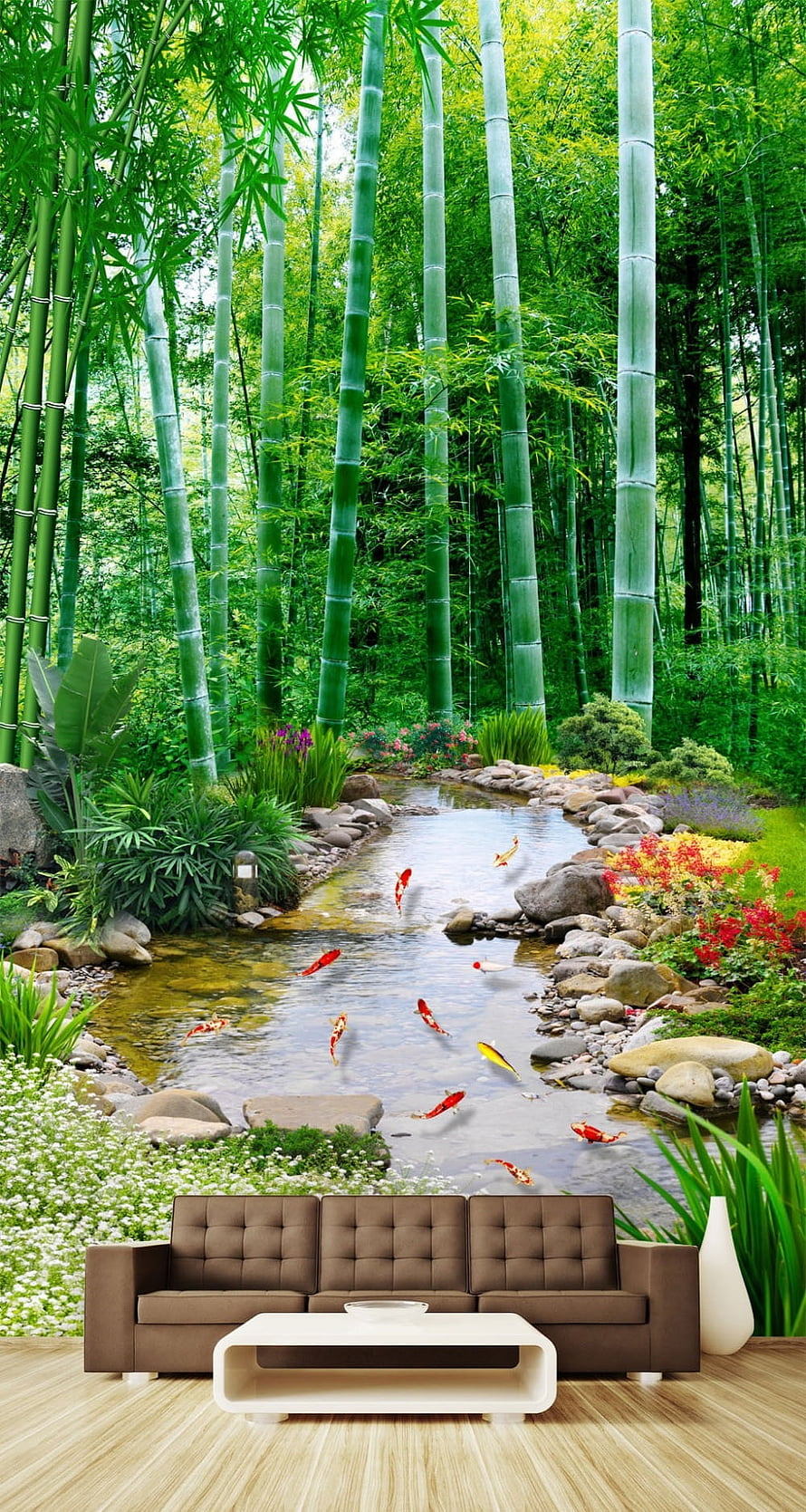 Bamboo Forest Garden with Koi Pond and Modern Sofa Living Room Mural HD phone wallpaper